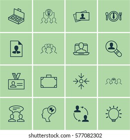 Set Of 16 Business Management Icons. Includes Document Suitcase, Calling Card, Human Mind And Other Symbols. Beautiful Design Elements.