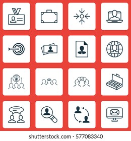 Set Of 16 Business Management Icons. Includes Calling Card, Social Profile, Cooperation And Other Symbols. Beautiful Design Elements.