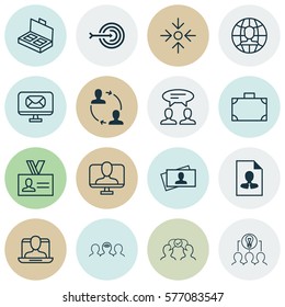 Set Of 16 Business Management Icons. Includes Calling Card, Business Aim, Portfolio And Other Symbols. Beautiful Design Elements.
