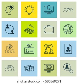 Set Of 16 Business Management Icons. Includes Document Suitcase, Human Mind, Great Glimpse And Other Symbols. Beautiful Design Elements.