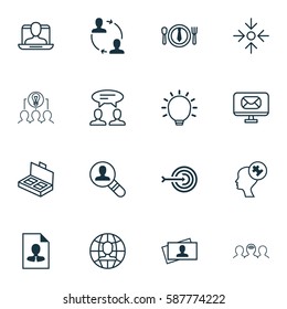 Set Of 16 Business Management Icons. Includes Collaborative Solution, Email, Business Aim And Other Symbols. Beautiful Design Elements.