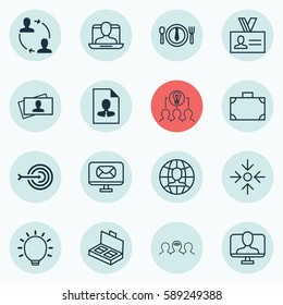 Set Of 16 Business Management Icons. Includes Online Identity, Collaborative Solution, Global Work And Other Symbols. Beautiful Design Elements.