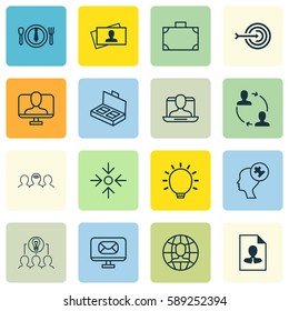 Set Of 16 Business Management Icons. Includes Portfolio, Human Mind, Cooperation And Other Symbols. Beautiful Design Elements.