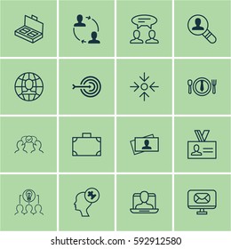 Set Of 16 Business Management Icons. Includes Collaborative Solution, Social Profile, Calling Card And Other Symbols. Beautiful Design Elements.