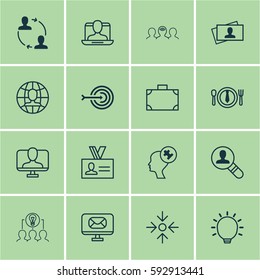 Set Of 16 Business Management Icons. Includes Dinner, Great Glimpse, Business Aim And Other Symbols. Beautiful Design Elements.