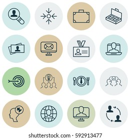 Set Of 16 Business Management Icons. Includes Open Vacancy, Dinner, Document Suitcase And Other Symbols. Beautiful Design Elements.
