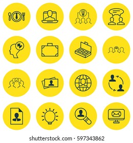 Set Of 16 Business Management Icons. Includes Document Suitcase, Cv, Social Profile And Other Symbols. Beautiful Design Elements.