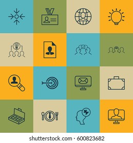 Set Of 16 Business Management Icons. Includes Online Identity, Collaborative Solution, Human Mind And Other Symbols. Beautiful Design Elements.