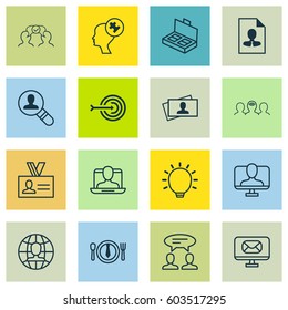 Set Of 16 Business Management Icons. Includes Cooperation, Arrow, Great Glimpse And Other Symbols. Beautiful Design Elements.