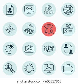 Set Of 16 Business Management Icons. Includes Portfolio, Social Profile, Cooperation And Other Symbols. Beautiful Design Elements.