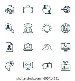 Set Of 16 Business Management Icons. Includes Human Mind, Dialogue, Portfolio And Other Symbols. Beautiful Design Elements.