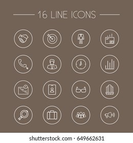 Set Of 16 Business Outline Icons Set.Collection Of Clock, Mail, Magnifier And Other Elements.