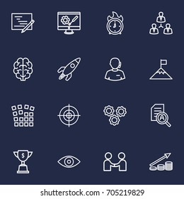 Set Of 16 Business Outline Icons Set.Collection Of Brain, Planning, Support And Other Elements.