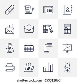 Set Of 16 Cabinet Outline Icons Set.Collection Of Show, Reading-Lamp, Printing Machine And Other Elements.