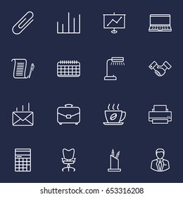 Set Of 16 Cabinet Outline Icons Set.Collection Of Counter, Portfolio, Notebook And Other Elements.