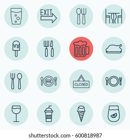 Set Of 16 Cafe Icons. Includes Wineglass, Soda, Closed Placard And Other Symbols. Beautiful Design Elements.