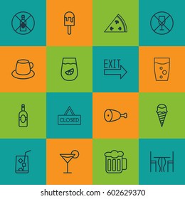 Set Of 16 Cafe Icons. Includes Fried Poultry, Doorway, Soda Drink And Other Symbols. Beautiful Design Elements.