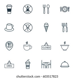 Set Of 16 Cafe Icons. Includes No Drinking, Alcohol Forbid, Eating House And Other Symbols. Beautiful Design Elements.