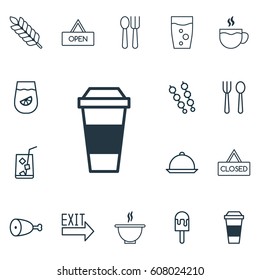 Set Of 16 Cafe Icons. Includes Bowl, Lolly, Mocha And Other Symbols. Beautiful Design Elements.