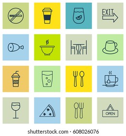 Set Of 16 Cafe Icons. Includes Bowl, Fried Poultry, Soda Drink And Other Symbols. Beautiful Design Elements.