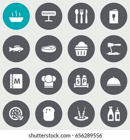 Set Of 16 Cafe Icons Set.Collection Of Book, Silverware, Catsup And Other Elements.