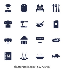 Set Of 16 Cafe Icons Set.Collection Of Canape, Alcohol, Baguette And Other Elements.