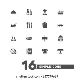 Set Of 16 Cafe Icons Set.Collection Of Cook, Food, Dinner Desk And Other Elements.