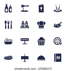 Set Of 16 Cafe Icons Set.Collection Of Vermicelli, Sweet, Dinner Desk And Other Elements.