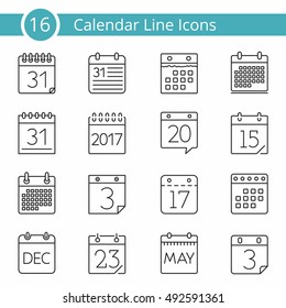 Set of 16 calendar line icons, vector eps10 illustration