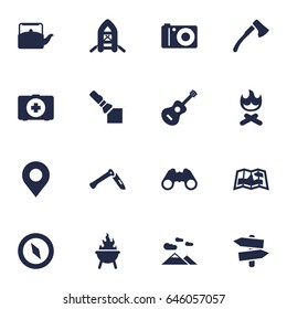 Set Of 16 Camping Icons Set.Collection Of Jackknife, Kettle, Acoustic And Other Elements.