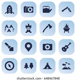 Set Of 16 Camping Icons Set.Collection Of Campfire, Location, Kettle And Other Elements.