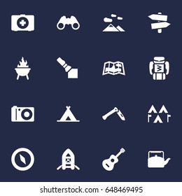Set Of 16 Camping Icons Set.Collection Of Backpack, Kettle, First Aid Box And Other Elements.