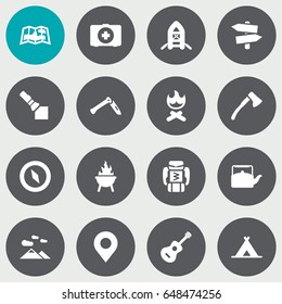 Set Of 16 Camping Icons Set.Collection Of Signpost, Magnet Navigatior, Wood Axe And Other Elements.