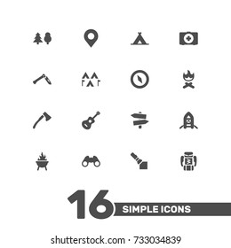 Set Of 16 Camping Icons Set.Collection Of Tent, Wood Axe, Backpack And Other Elements.