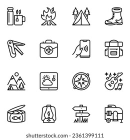 set of 16 camping line icons. direction, lamp, map, outline, recreation, tool, fire, photo, camera, hiking, location, pictogram, first aid, pointer, trekking, kit, route, survival, camp