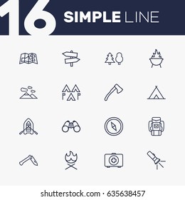 Set Of 16 Camping Outline Icons Set.Collection Of Rubber Boat, Compass, Encampment And Other Elements.