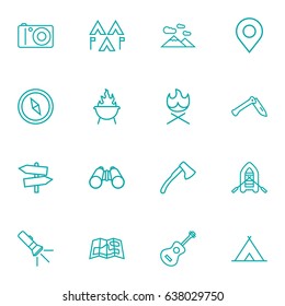 Set Of 16 Camping Outline Icons Set.Collection Of Pocket Torch, Grill, Guitar And Other Elements.