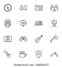 Set Of 16 Camping Outline Icons Set.Collection Of Guidepost, Binoculars, Forest And Other Elements.