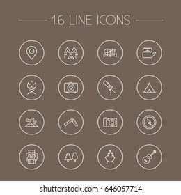 Set Of 16 Camping Outline Icons Set.Collection Of Grill, Mountains, Place Pointer And Other Elements.