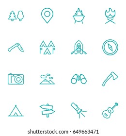 Set Of 16 Camping Outline Icons Set.Collection Of Pocket Torch, Binoculars, Forest And Other Elements.