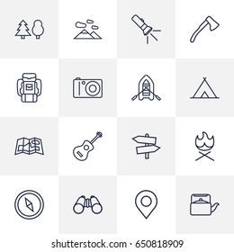 Set Of 16 Camping Outline Icons Set.Collection Of Photographing, Teapot, Binoculars And Other Elements.
