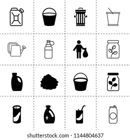 Set of 16 can filled and outline icons such as car oil, man with garbage, bucket, garbage stock, cleaning powder, trash bin, plant in a can, soda, detergent