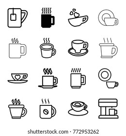 Set of 16 cappuccino outline icons such as mug, coffee, dish, coffee cup, cup with heart