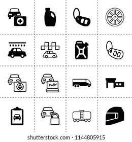 Set of 16 car filled and outline icons such as car oil, oil can, motorcycle helmet, bus, whell, taxi