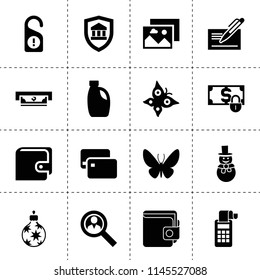 Set of 16 card filled icons such as user search, atm, car oil, cheque, wallet, pos terminal, money security, bank insurance, christmas tree toy, snowman, credit card