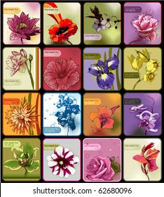 set of 16 cards with colored blossoming flowers