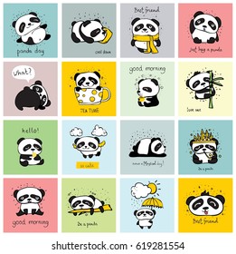 Set of 16 cards with doodle pandas .Simple design of cute pandas perfect for kid's banners, stickers and other kid's things