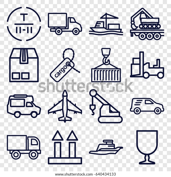 set of 16 cargo outline icons such as\
crane, forklift, van, delivery car, ship,\
plane