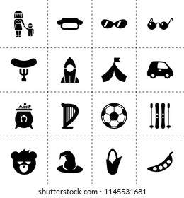Set of 16 cartoon filled icons such as corn, pea, harp, mother and son, bear, cauldron with horseshoe, rocket, witch hat, sausage, car, hot dog, ski, football, sunglasses