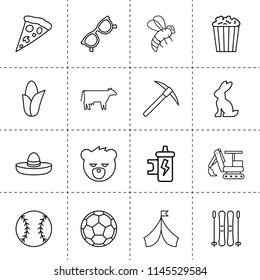 Set of 16 cartoon outline icons such as cow, corn, bee, spark coil, excavator, pick, bear, popcorn, business, pizza slice, mexican hat, glasses, baseball, ski, football
